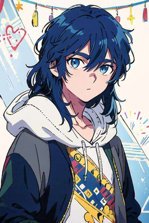 masterpiece, best quality, high quality, 1boy, solo, male focus, looking at viewer, upper body, <lora:yui_kemono_jihen:0.60>, yui_kemono_jihen, blue hair, blue eyes, hair between eyes, long hair, , hoodie