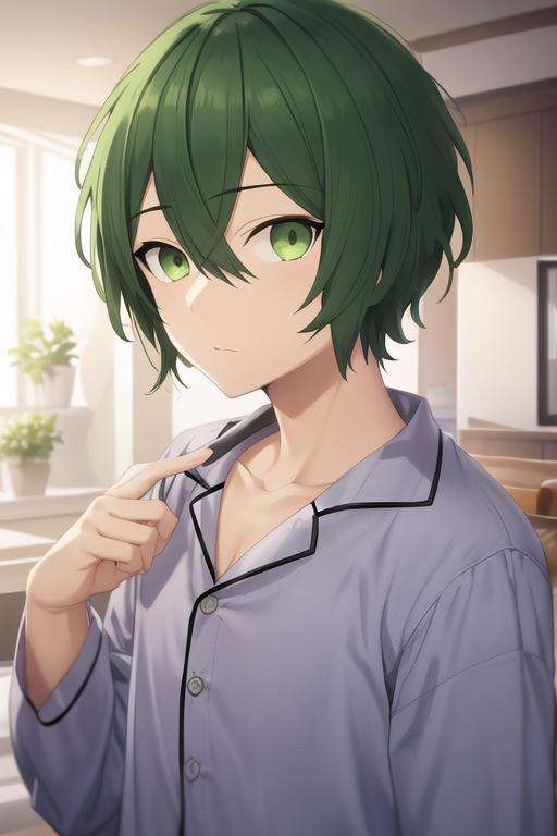 masterpiece, best quality, high quality, 1boy, solo, male focus, looking at viewer, upper body, <lora:shuu_iura:0.70>, shuu_iura, green hair, green eyes, hair between eyes, , pajamas