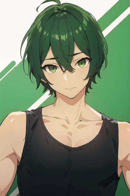 masterpiece, best quality, high quality, 1boy, solo, male focus, looking at viewer, upper body, <lora:shuu_iura:0.70>, shuu_iura, green hair, green eyes, hair between eyes, , tank top