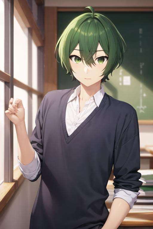 masterpiece, best quality, high quality, 1boy, solo, male focus, looking at viewer, upper body, <lora:shuu_iura:0.74>, shuu_iura, green hair, green eyes, hair between eyes, , school uniform