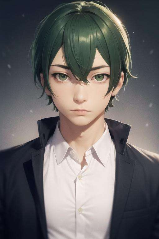 masterpiece, best quality, high quality, 1boy, solo, male focus, looking at viewer, upper body, <lora:shuu_iura:0.54>, shuu_iura, green hair, green eyes, hair between eyes, , gakuran