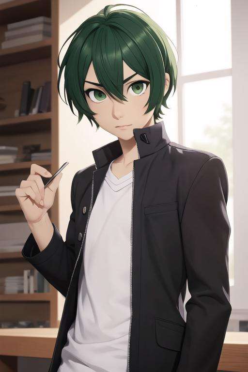 masterpiece, best quality, high quality, 1boy, solo, male focus, looking at viewer, upper body, <lora:shuu_iura:0.56>, shuu_iura, green hair, green eyes, hair between eyes, realistic, gakuran