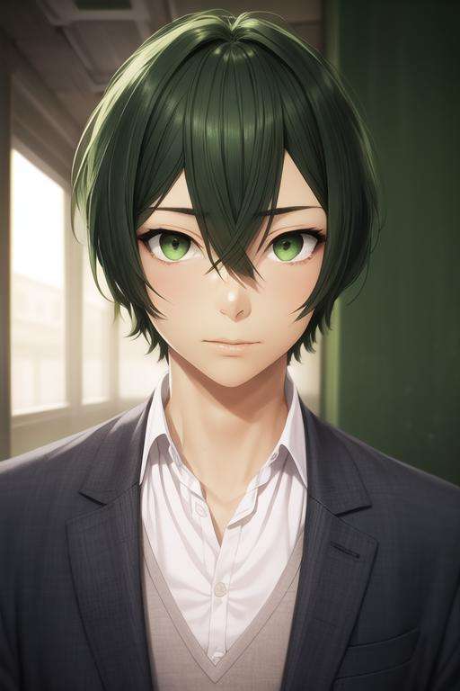 masterpiece, best quality, high quality, 1boy, solo, male focus, looking at viewer, upper body, <lora:shuu_iura:0.80>, shuu_iura, green hair, green eyes, hair between eyes, realistic, school uniform