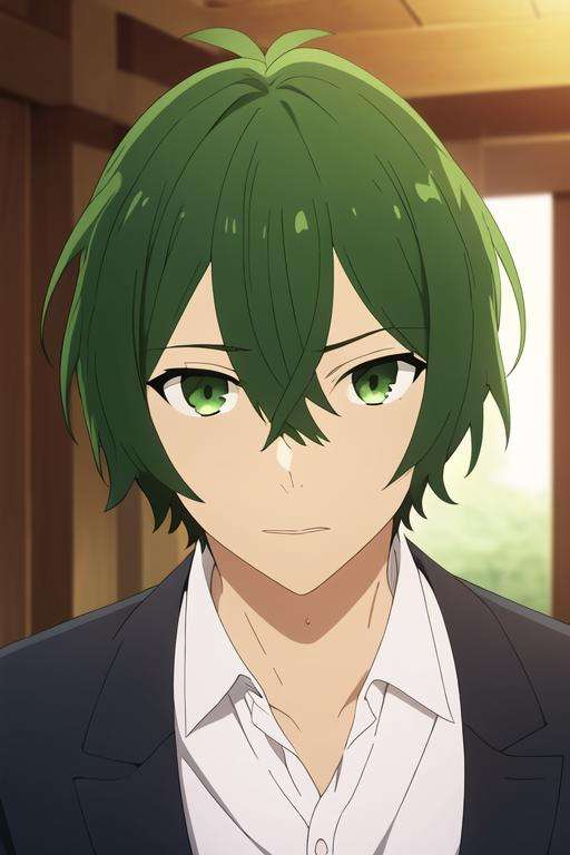 masterpiece, best quality, high quality, 1boy, solo, male focus, looking at viewer, upper body, <lora:shuu_iura:0.82>, shuu_iura, green hair, green eyes, hair between eyes, ,