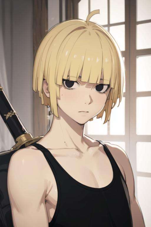 masterpiece, best quality, high quality, 1boy, solo, male focus, looking at viewer, upper body, <lora:fuchi_yamada_asaemon:0.62>, fuchi_yamada_asaemon, blonde hair, black eyes, realistic, tank top