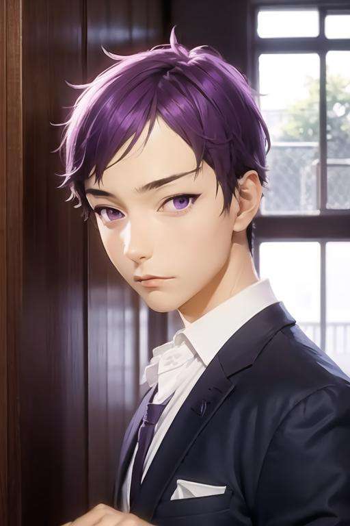 masterpiece, best quality, high quality, 1boy, solo, male focus, looking at viewer, upper body, <lora:tooru_ishikawa:0.84>, tooru_ishikawa, purple hair, purple eyes, , gakuran