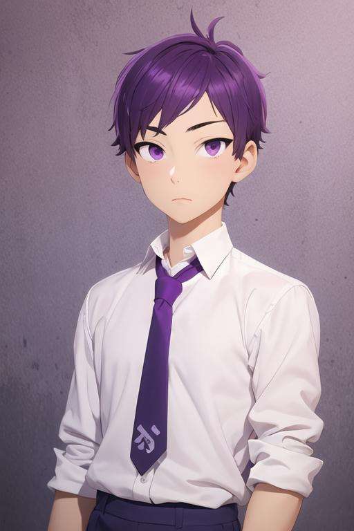 masterpiece, best quality, high quality, 1boy, solo, male focus, looking at viewer, upper body, <lora:tooru_ishikawa:0.52>, tooru_ishikawa, purple hair, purple eyes, , school uniform