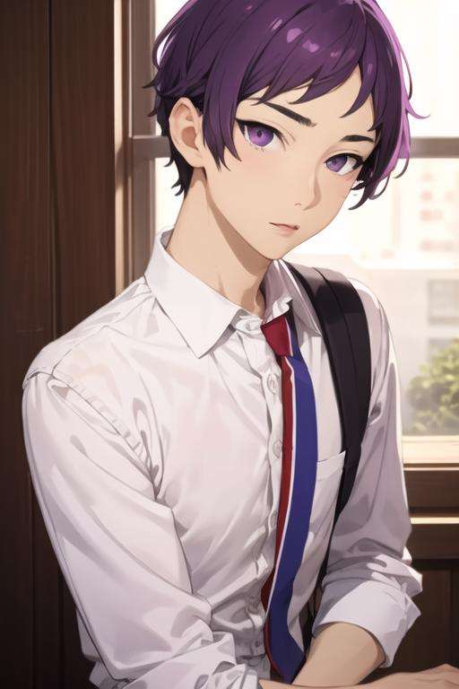 masterpiece, best quality, high quality, 1boy, solo, male focus, looking at viewer, upper body, <lora:tooru_ishikawa:0.56>, tooru_ishikawa, purple hair, purple eyes, realistic,