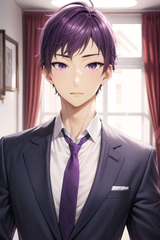 masterpiece, best quality, high quality, 1boy, solo, male focus, looking at viewer, upper body, <lora:tooru_ishikawa:0.62>, tooru_ishikawa, purple hair, purple eyes, , formal, necktie, dress shirt