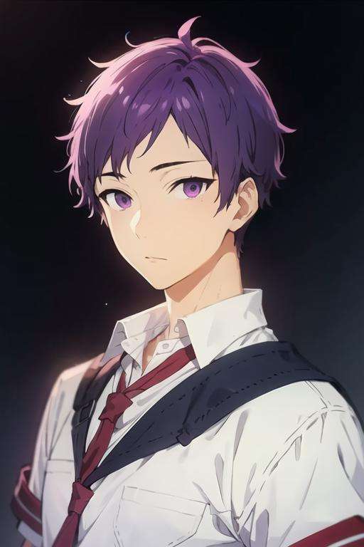 masterpiece, best quality, high quality, 1boy, solo, male focus, looking at viewer, upper body, <lora:tooru_ishikawa:0.64>, tooru_ishikawa, purple hair, purple eyes, ,