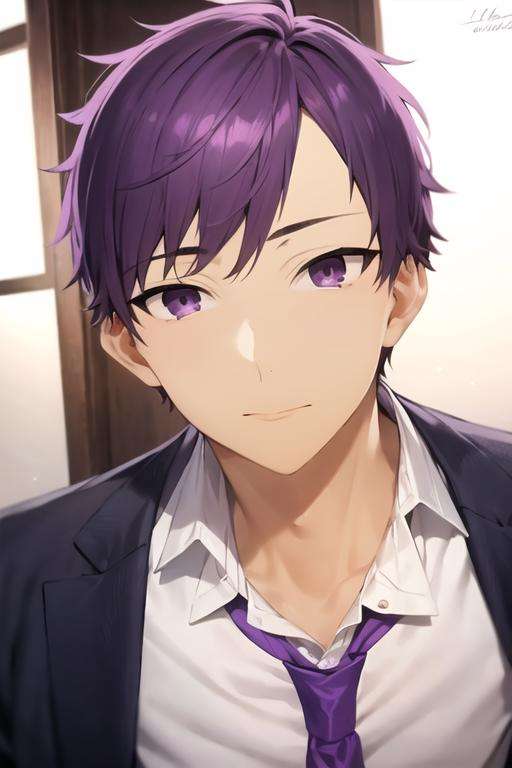 masterpiece, best quality, high quality, 1boy, solo, male focus, looking at viewer, upper body, <lora:tooru_ishikawa:0.68>, tooru_ishikawa, purple hair, purple eyes, , formal, necktie, dress shirt