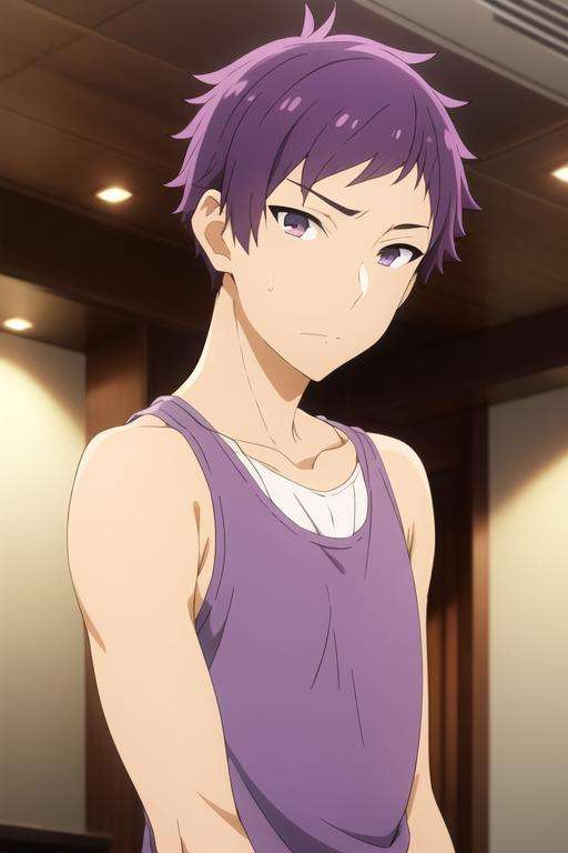 masterpiece, best quality, high quality, 1boy, solo, male focus, looking at viewer, upper body, <lora:tooru_ishikawa:0.72>, tooru_ishikawa, purple hair, purple eyes, , tank top