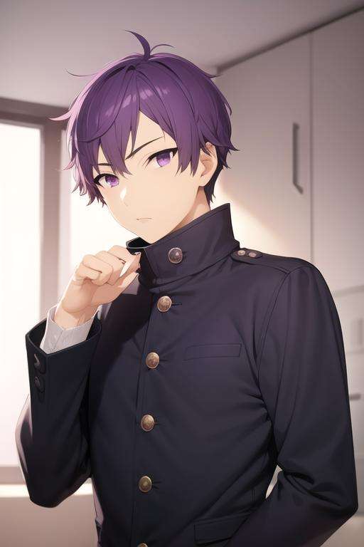 masterpiece, best quality, high quality, 1boy, solo, male focus, looking at viewer, upper body, <lora:tooru_ishikawa:0.62>, tooru_ishikawa, purple hair, purple eyes, , gakuran