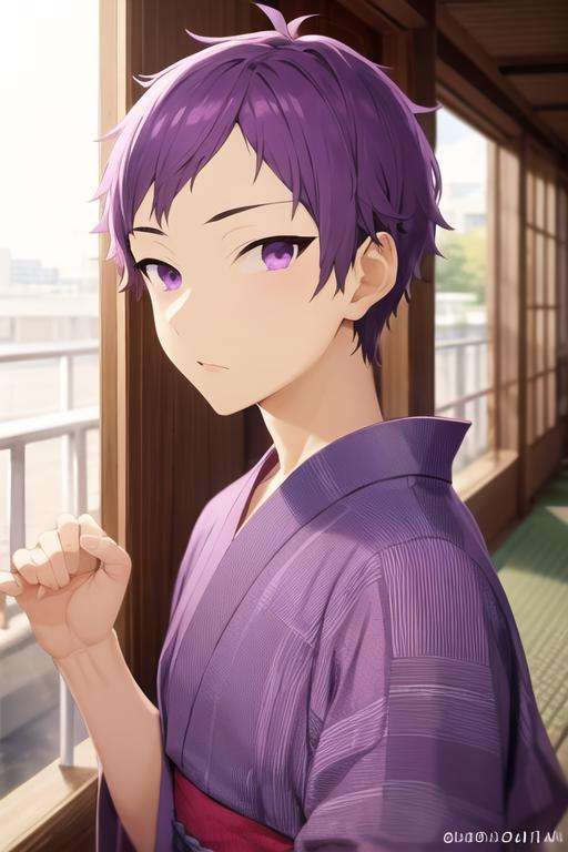 masterpiece, best quality, high quality, 1boy, solo, male focus, looking at viewer, upper body, <lora:tooru_ishikawa:0.78>, tooru_ishikawa, purple hair, purple eyes, , yukata