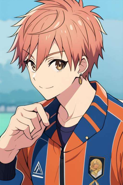 masterpiece, best quality, high quality, 1boy, solo, male focus, looking at viewer, upper body, <lora:shion_asuma:0.68>, shion_asuma, brown eyes, orange hair, jewelry, , track suit
