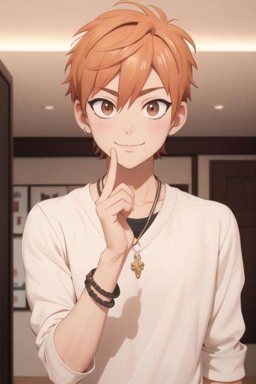 masterpiece, best quality, high quality, 1boy, solo, male focus, looking at viewer, upper body, <lora:shion_asuma:0.62>, shion_asuma, brown eyes, orange hair, jewelry, ,