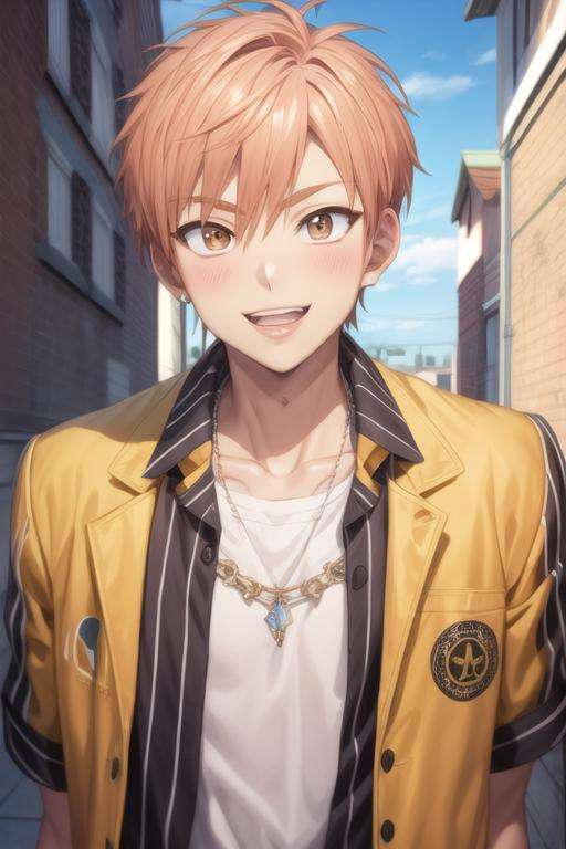 masterpiece, best quality, high quality, 1boy, solo, male focus, looking at viewer, upper body, <lora:shion_asuma:0.74>, shion_asuma, brown eyes, orange hair, jewelry, , jacket