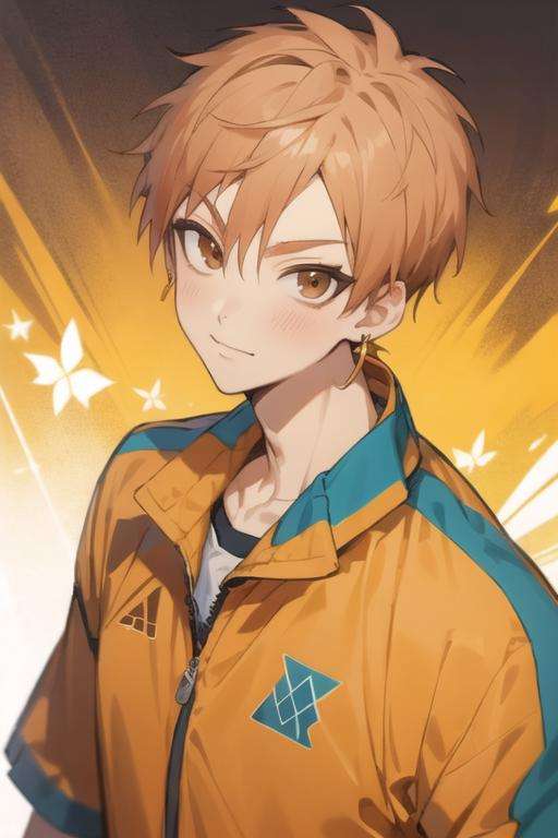 masterpiece, best quality, high quality, 1boy, solo, male focus, looking at viewer, upper body, <lora:shion_asuma:0.60>, shion_asuma, brown eyes, orange hair, jewelry, , track suit