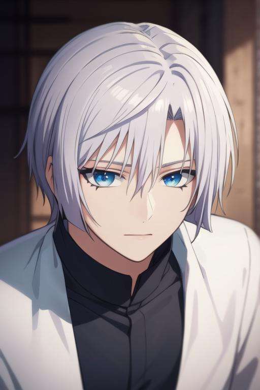 masterpiece, best quality, high quality, 1boy, solo, male focus, looking at viewer, upper body, <lora:ki-ja:0.72>, ki-ja, blue eyes, hair between eyes, bangs, white hair, <lora:Realism-10:0.15>, Realism