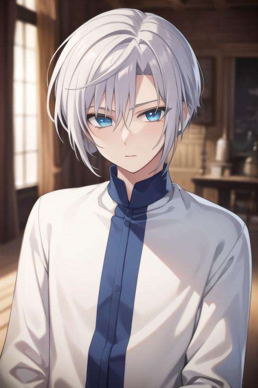 masterpiece, best quality, high quality, 1boy, solo, male focus, looking at viewer, upper body, <lora:ki-ja:0.78>, ki-ja, blue eyes, hair between eyes, bangs, white hair, <lora:Realism-10:0.20>, Realism