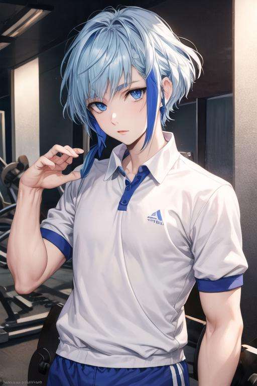 masterpiece, best quality, high quality, 1boy, solo, male focus, looking at viewer, upper body, <lora:aguero_agnes_khun:0.52>, aguero_agnes_khun, blue hair, blue eyes, multicolored hair, , , gym uniform