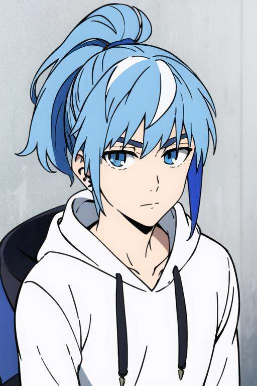 masterpiece, best quality, high quality, 1boy, solo, male focus, looking at viewer, upper body, <lora:aguero_agnes_khun:0.60>, aguero_agnes_khun, blue hair, blue eyes, multicolored hair, ponytail, , hoodie