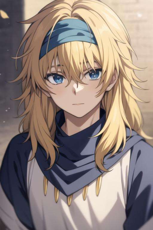 masterpiece, best quality, high quality, 1boy, solo, male focus, looking at viewer, upper body, <lora:zeno:0.74>, zeno, blonde hair, blue eyes, long hair, hair between eyes, bandana, ,