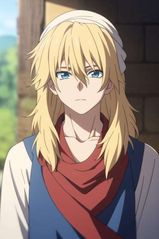 masterpiece, best quality, high quality, 1boy, solo, male focus, looking at viewer, upper body, <lora:zeno:0.84>, zeno, blonde hair, blue eyes, long hair, hair between eyes, bandana, , <lora:animemix_v3_offset:0.30>