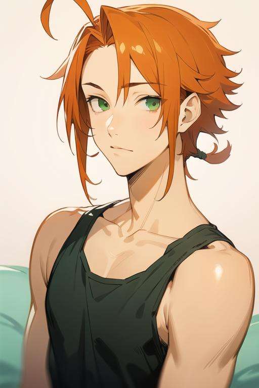 masterpiece, best quality, high quality, 1boy, solo, male focus, looking at viewer, upper body, <lora:kouichi_shindou:0.54>, kouichi_shindou, orange hair, green eyes, ahoge, realistic, tank top