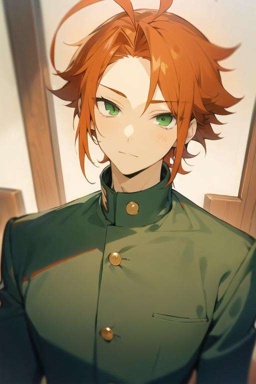 masterpiece, best quality, high quality, 1boy, solo, male focus, looking at viewer, upper body, <lora:kouichi_shindou:0.54>, kouichi_shindou, orange hair, green eyes, ahoge, , gakuran