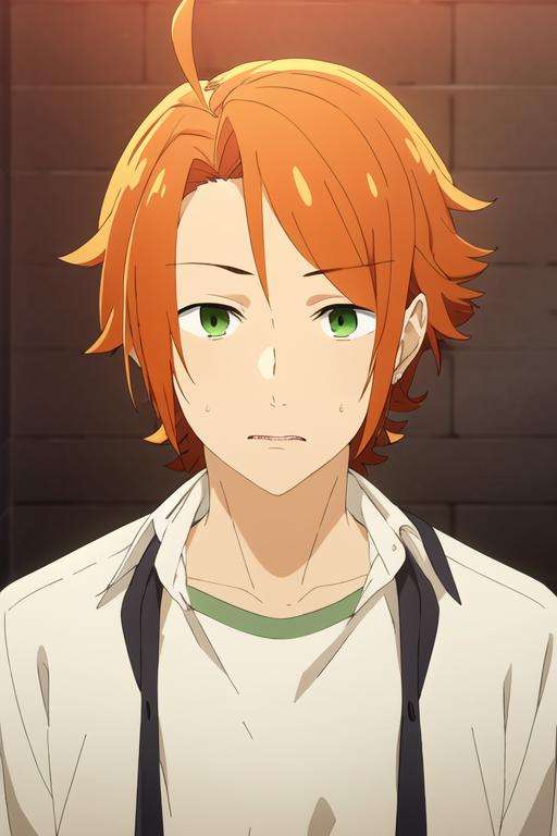 masterpiece, best quality, high quality, 1boy, solo, male focus, looking at viewer, upper body, <lora:kouichi_shindou:0.84>, kouichi_shindou, orange hair, green eyes, ahoge, realistic,