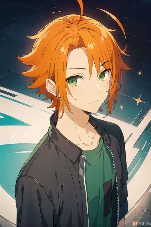 masterpiece, best quality, high quality, 1boy, solo, male focus, looking at viewer, upper body, <lora:kouichi_shindou:0.74>, kouichi_shindou, orange hair, green eyes, ahoge, , gakuran