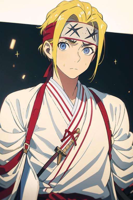 masterpiece, best quality, high quality, 1boy, solo, male focus, looking at viewer, upper body, <lora:tenza_yamada_asaemon:0.68>, tenza_yamada_asaemon, blonde hair, blue eyes, headband, , jacket