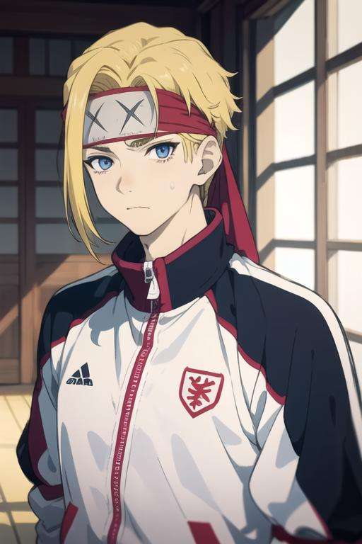 masterpiece, best quality, high quality, 1boy, solo, male focus, looking at viewer, upper body, <lora:tenza_yamada_asaemon:0.68>, tenza_yamada_asaemon, blonde hair, blue eyes, headband, , track suit