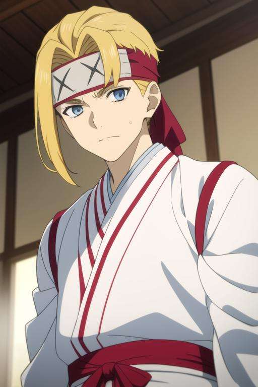 masterpiece, best quality, high quality, 1boy, solo, male focus, looking at viewer, upper body, <lora:tenza_yamada_asaemon:0.70>, tenza_yamada_asaemon, blonde hair, blue eyes, headband, ,