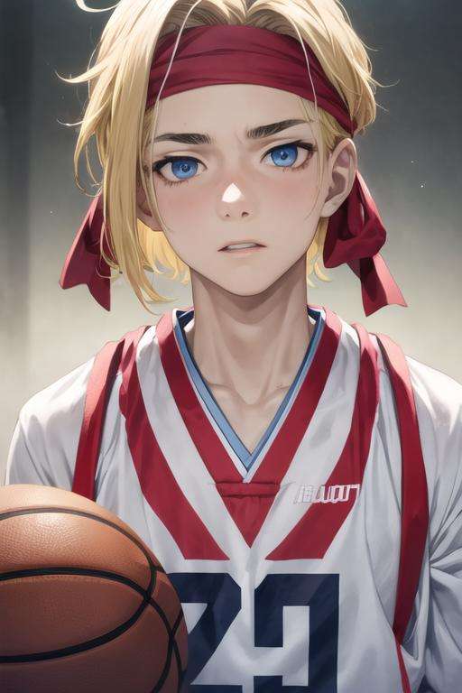 masterpiece, best quality, high quality, 1boy, solo, male focus, looking at viewer, upper body, <lora:tenza_yamada_asaemon:0.52>, tenza_yamada_asaemon, blonde hair, blue eyes, headband, , basketball uniform