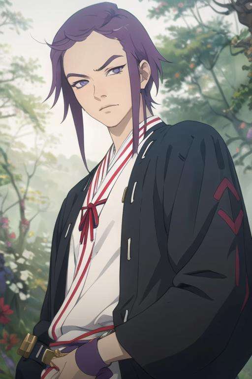 masterpiece, best quality, high quality, 1boy, solo, male focus, looking at viewer, upper body, <lora:kishou_yamada_asaemon:0.68>, kishou_yamada_asaemon, purple hair, purple eyes, realistic, jacket