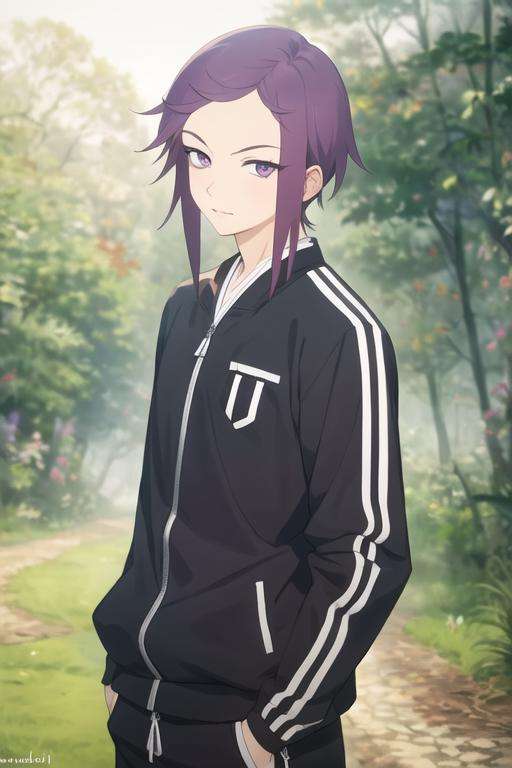 masterpiece, best quality, high quality, 1boy, solo, male focus, looking at viewer, upper body, <lora:kishou_yamada_asaemon:0.68>, kishou_yamada_asaemon, purple hair, purple eyes, , track suit