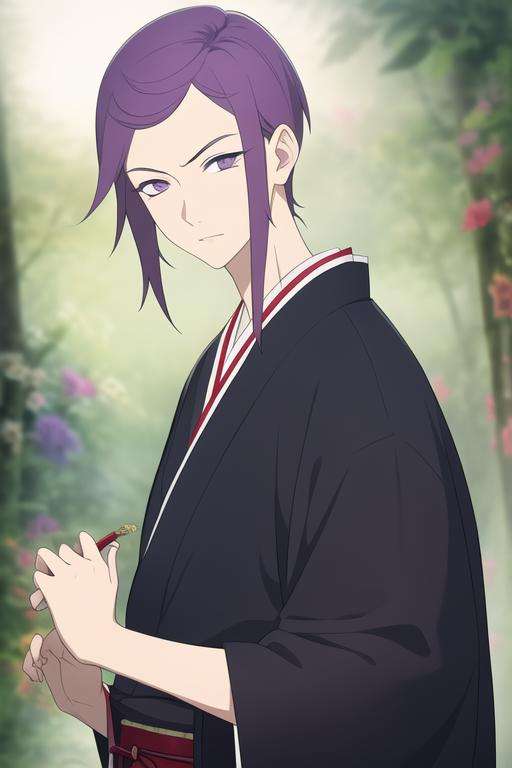 masterpiece, best quality, high quality, 1boy, solo, male focus, looking at viewer, upper body, <lora:kishou_yamada_asaemon:0.68>, kishou_yamada_asaemon, purple hair, purple eyes, realistic, yukata