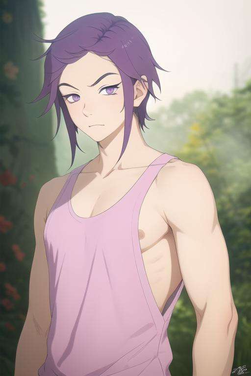 masterpiece, best quality, high quality, 1boy, solo, male focus, looking at viewer, upper body, <lora:kishou_yamada_asaemon:0.62>, kishou_yamada_asaemon, purple hair, purple eyes, , tank top