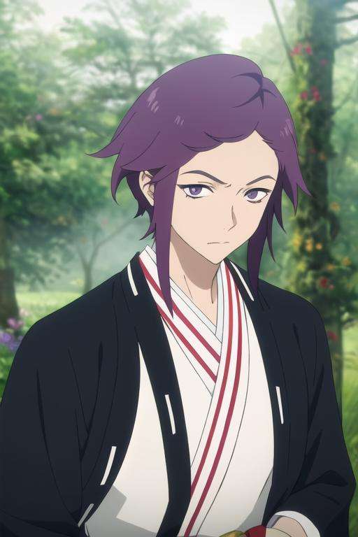 masterpiece, best quality, high quality, 1boy, solo, male focus, looking at viewer, upper body, <lora:kishou_yamada_asaemon:0.72>, kishou_yamada_asaemon, purple hair, purple eyes, , school uniform