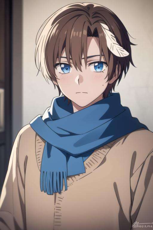 masterpiece, best quality, high quality, 1boy, solo, male focus, looking at viewer, upper body, <lora:yun:0.72>, yun, blue eyes, hair ornament, brown hair, scarf, feather hair ornament,