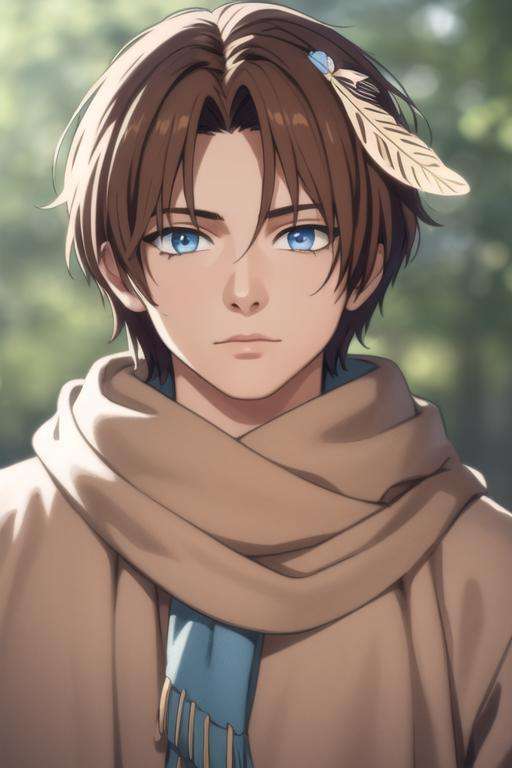 masterpiece, best quality, high quality, 1boy, solo, male focus, looking at viewer, upper body, <lora:yun:0.80>, yun, blue eyes, hair ornament, brown hair, scarf, feather hair ornament, <lora:Realism-10:0.15>, Realism