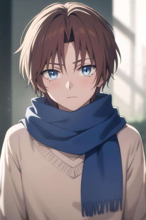 masterpiece, best quality, high quality, 1boy, solo, male focus, looking at viewer, upper body, <lora:yun:0.82>, yun, blue eyes, , brown hair, scarf,