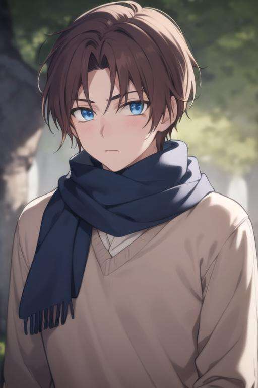 masterpiece, best quality, high quality, 1boy, solo, male focus, looking at viewer, upper body, <lora:yun:0.82>, yun, blue eyes, , brown hair, scarf,