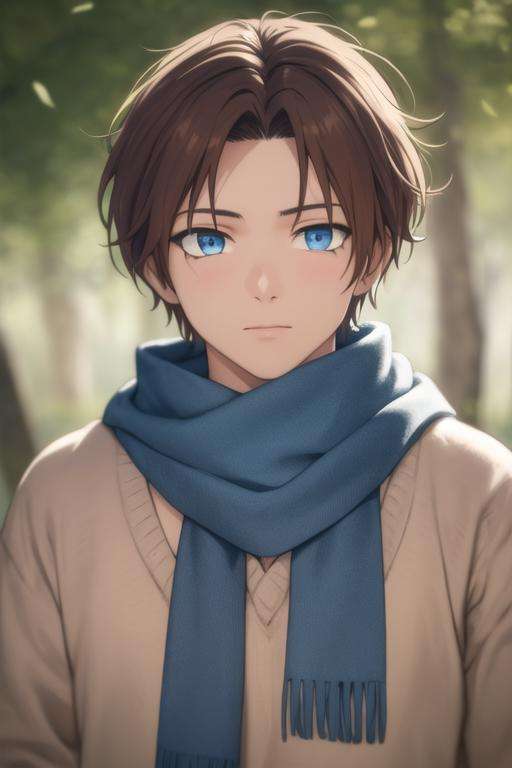 masterpiece, best quality, high quality, 1boy, solo, male focus, looking at viewer, upper body, <lora:yun:0.80>, yun, blue eyes, hair_ornament, brown hair, scarf, <lora:Realism-10:0.20>, Realism