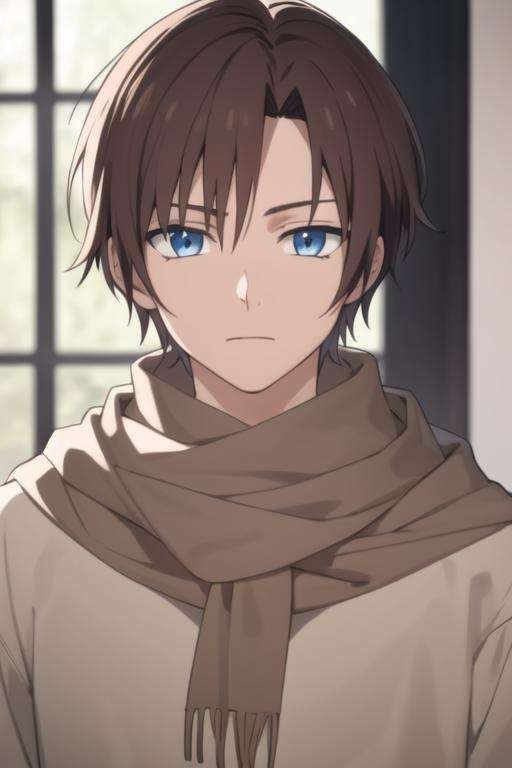 masterpiece, best quality, high quality, 1boy, solo, male focus, looking at viewer, upper body, <lora:yun:0.70>, yun, blue eyes, hair_ornament, brown hair, scarf, <lora:animemix_v3_offset:0.25>