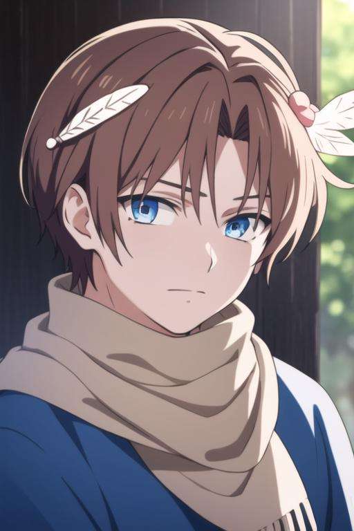 masterpiece, best quality, high quality, 1boy, solo, male focus, looking at viewer, upper body, <lora:yun:0.80>, yun, blue eyes, hair ornament, brown hair, scarf, feather hair ornament,