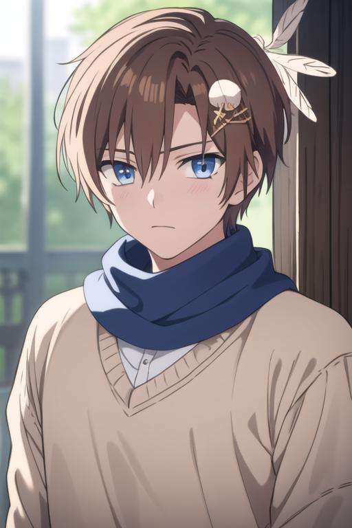 masterpiece, best quality, high quality, 1boy, solo, male focus, looking at viewer, upper body, <lora:yun:0.80>, yun, blue eyes, hair ornament, brown hair, scarf, feather hair ornament,