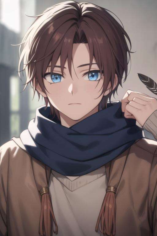 masterpiece, best quality, high quality, 1boy, solo, male focus, looking at viewer, upper body, <lora:yun:0.74>, yun, blue eyes, hair ornament, feathers, , scarf,